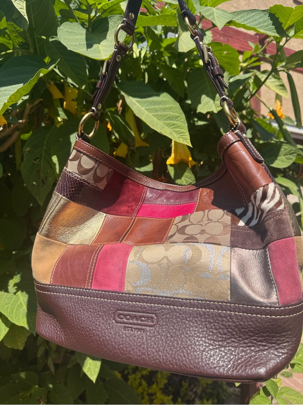 Coach Multi-Color Patchwork Leather Shoulder Bag - Brown, Pink, Tan